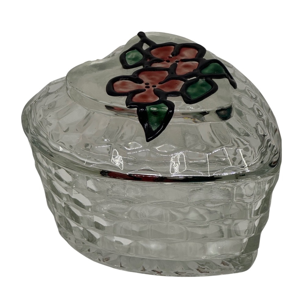 VTG Homco Trinket Box Clear Glass Heart Woven Basket Hand Painted Floral Lid